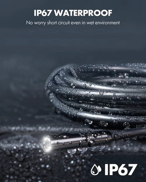 IP67 waterproof 1920P Endoscope With Light Snakes Through Tight Spots Like A Pro, cable with water droplets, close-up view