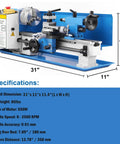 7x14 Inch Mini Metal Lathe Machine For Benchtop Use, Variable Speed Up To 2500Rpm with detailed specifications and dimensions.