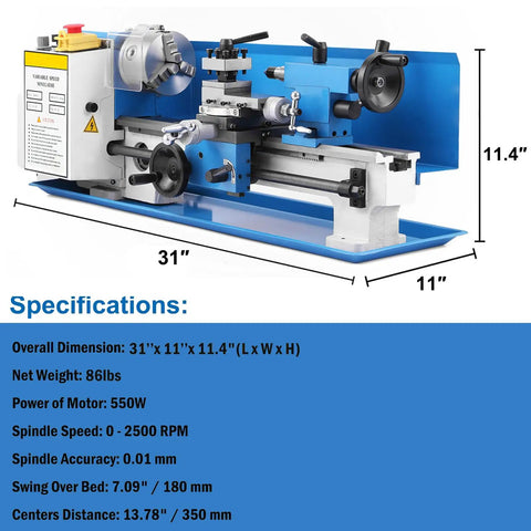 7x14 Inch Mini Metal Lathe Machine For Benchtop Use, Variable Speed Up To 2500Rpm with detailed specifications and dimensions.