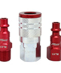 ColorFit M-Style Red 1/4 Inch NPT Coupler And Plug Kit 3-Piece Set showing two red plugs and a silver red coupler