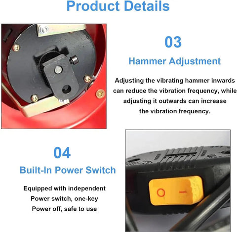 Electric Vibratory Tumbler For Metal Polishing With Three Liter Capacity showing hammer adjustment and power switch details