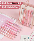 13 Pack Pink Gel Pens Set With 0.5mm Fine Tip Black Ink And 1 Highlighter displayed on a desk with notebooks.