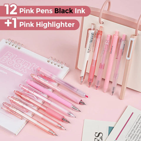 13 Pack Pink Gel Pens Set With 0.5mm Fine Tip Black Ink And 1 Highlighter displayed on a desk with notebooks.