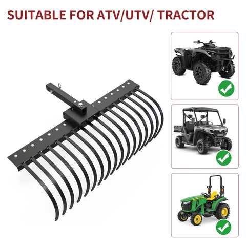 Tow Behind Landscape Rake With 48 Inch Working Width, 17 Steel Tines, 2 Inch Receiver, Fits ATV UTV And 3 Point Hitch televised