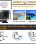 Diagram showing Ultra Durable Waterproof Housing Case For Action Camera Hero 5 6 7 Black with anti-fog inserts.