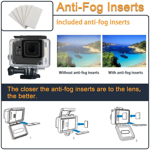 Diagram showing Ultra Durable Waterproof Housing Case For Action Camera Hero 5 6 7 Black with anti-fog inserts.