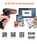3 In 1 2D QR Barcode Scanner With Stand Bluetooth 2.4GHz Wireless And USB Wired Handheld Barcode Reader For Fast POS Scanning Plug And Play Setup HW0001 showing scanning capabilities with various devices and QR codes.