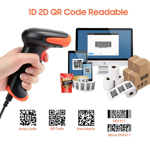 3 In 1 2D QR Barcode Scanner With Stand Bluetooth 2.4GHz Wireless And USB Wired Handheld Barcode Reader For Fast POS Scanning Plug And Play Setup HW0001 showing scanning capabilities with various devices and QR codes.