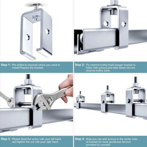 Heavy Duty Channel Trolley Track Hanger Brackets For Unistrut Strut System With 3/8 Inch Bolts And 1200 Lb Load Rating Four Pack For No Sweat Shop Builds And Rock Solid Job Site Rigging