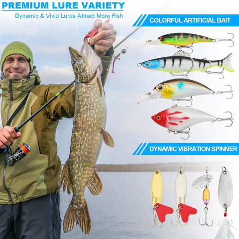 Premium lure variety with colorful artificial bait and dynamic spinners, part of the 3 Layer Tackle Box With Tackle Included kit.