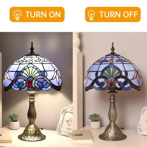 Tiffany Style Blue Stained Glass Table Lamp Vintage Accent Light For Bedroom Living Room Or Home Office 12x12x19 Inches Includes 2 LED Bulbs