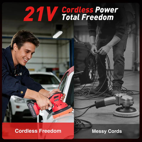 Comparison of cordless car buffer polisher kit with 2x2000mAh 21V batteries and corded polisher.