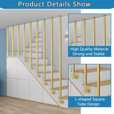 Real Deal Gold L Shape Stair Handrail Built Tough For Indoor Steps Heavy Duty Galvanized Metal Guardrail With Anti Slip Safety Grip adjustable lengths shown on stairs