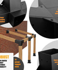 Beefed-Up Pergola Bracket Set For 4x4 Posts, 15 Degree Slanted Roof Wall Mount Extension Kit, Raised Wood Shelving Brackets, Inner 3.5x3.5 Inch Opening, Set Of 3, All Weather Durable Metal Build showing rugged black coated metal with wooden posts.
