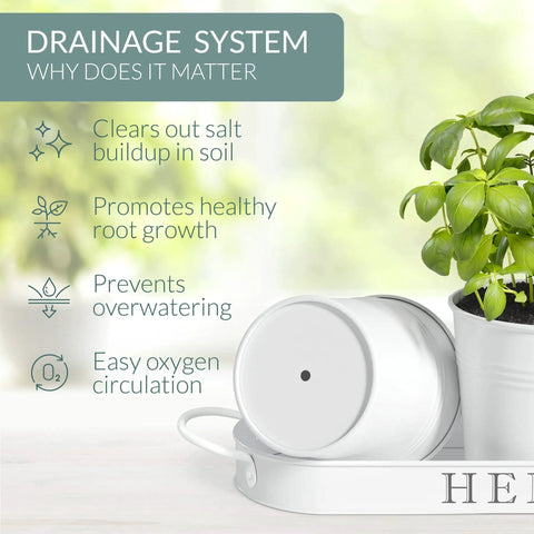 Indoor Herb Garden Planter Set With Tray For Windowsill And Countertop, Metal Farmhouse Style Planters With Drainage Features