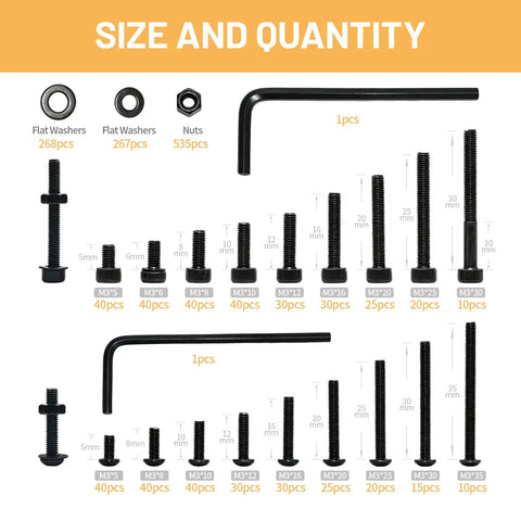 1600 Piece M3 Hex Socket Head Cap Screws Kit With Black Oxide Carbon Steel Fasteners Nuts And Washers 16 Sizes quantity specifications