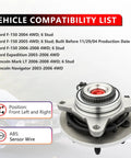 Drop In Front Wheel Bearing Hub Assembly For Ford F150 Lincoln Mark Lt Expedition Navigator 2003 To 2008 4WD Six Lug With ABS Direct Fit Replacement Easy Install Premium Grade Quality, shown in front view with ABS sensor wire