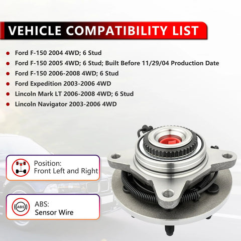 Drop In Front Wheel Bearing Hub Assembly For Ford F150 Lincoln Mark Lt Expedition Navigator 2003 To 2008 4WD Six Lug With ABS Direct Fit Replacement Easy Install Premium Grade Quality, shown in front view with ABS sensor wire