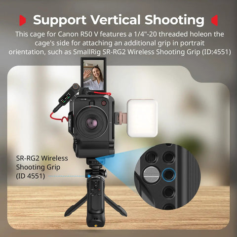 Camera Cage For Canon R50V Full Cage With Silicone Grip And Top Handle For ARRI HDMI Cable Clamp, shown for vertical shooting setup