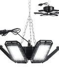 160W Garage LED Light With 6 Adjustable Heads And 180 Degree Coverage Deformable Panel Design suspended on black ceiling fixture.