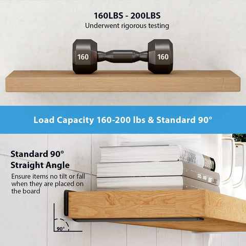 Hidden Black Metal L Shelf Brackets Set 10 Inch Thick One Fifth Inch For Wood Shelves Six Pack With 160 Lbs Load Capacity And Precise 90 Degree Mounting supports dumbbell on shelf.