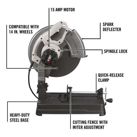 Heavy Duty Chop Saw Workhorse 15 Amp 14 Inch With 3800 RPM Motor Quick Release Material Clamp Miter Fence For 0 To 45 Degree Cuts Rugged Metal Cutting Tool For Quick Precise Metal Work