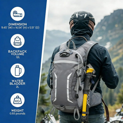 Person wearing Lightweight Hydration Backpack With 2L Bladder for Men And Women, outdoor adventure, adjustable chest strap