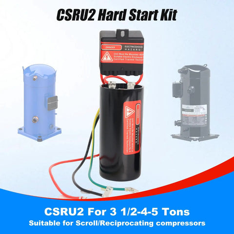 CSRU2 Hard Start Kit for 3.5 to 5 ton air conditioners with red, black, and yellow leads, suitable for scroll compressors.