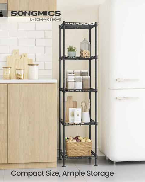 Slim 5 Tier Metal Wire Storage Shelf In Ink Black Ultra Space Saving Narrow Shelving Unit With Sturdy Powder Coated Steel Build For Bins Plants And Everyday Essentials in kitchen