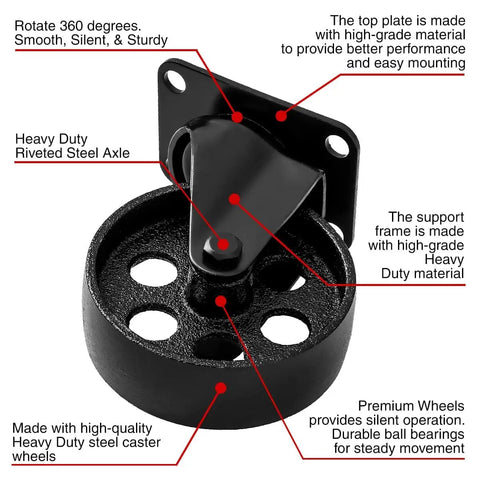 All Black Heavy Duty 4 Inch Swivel Plate Caster Wheels With Brake Lock, 400 Lbs Capacity Each, iron frame and axle detail