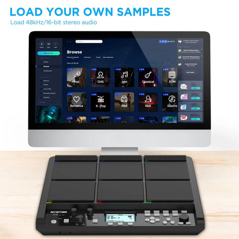 Gig Ready Sample Pad For Drummers With 1000 Built In Sounds And 32GB Storage Onboard FX shown with screen interface