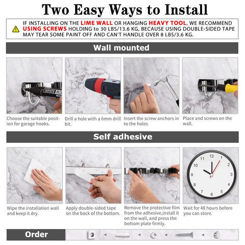 Two Racks And Three Hooks Broom And Mop Holder Beefy Stainless Steel Heavy Duty Hangers installation instructions showing wall mounting and self adhesive options