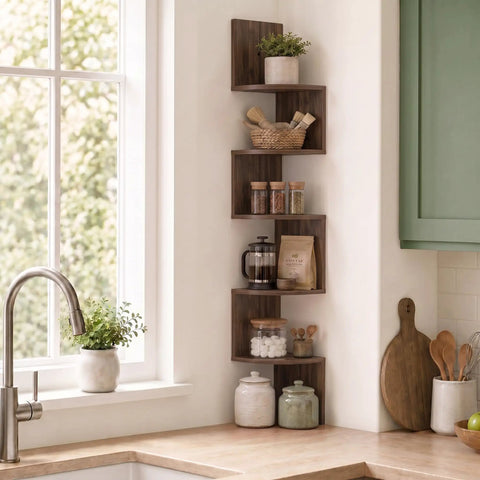Total Game Changer Corner Wall Shelves Five Tier Floating Storage Rack With Trendy Zigzag Design Columbia Walnut Finish Ultimate Space Saver For Living Room Bedroom Bathroom Decor And Books
