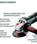 German Engineered 4 And 1 Half Inch To 5 Inch Angle Grinder With 11 Amp Power 11,000 RPM Non Locking Paddle Switch WP 11-125 Quick Green