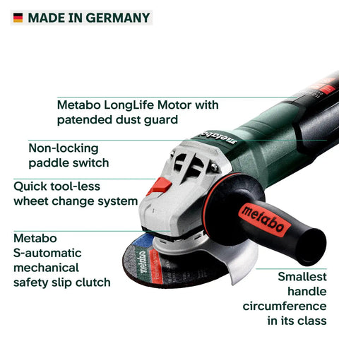 German Engineered 4 And 1 Half Inch To 5 Inch Angle Grinder With 11 Amp Power 11,000 RPM Non Locking Paddle Switch WP 11-125 Quick Green