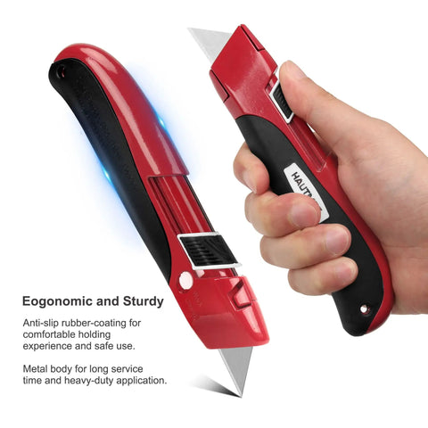 Auto Retracting Utility Knife With Dual Safety System For Fast Box Cutting Blade Auto Retracts When Off The Cutting Surface No Brainer Safety Push Button Release Easy Grip Handle Ideal For DIY Packing And Heavy Duty Work red metal with anti-slip grip