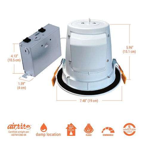 6 Inch Adjustable Canless LED Recessed Light For Sloped Ceilings, Dimmable With Color Temperature 2700K To 5000K, IC Rated