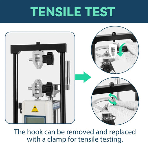 TENSILE TEST of Beefy 500N Force Gauge With Wheel Operated Test Stand And 150mm Stroke Built For Quick Accurate Push Pull And Tensile Tests Rugged Pro Grade System With Clear Readout And Ready For Lab Or Shop Use HLB, clamp setup