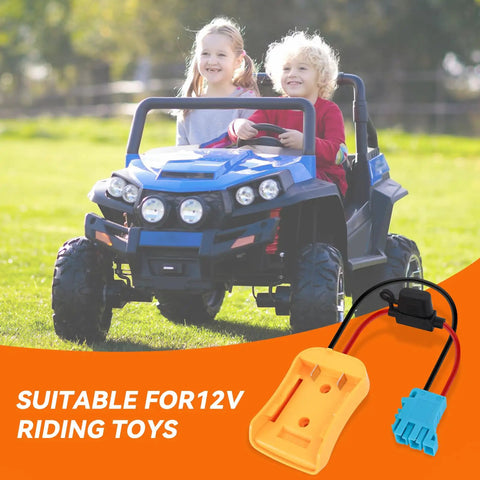 Children riding Peg-Perego with 20V Battery Adapter With 12AWG Wire Harness And 40A Fuse For Peg-Perego Ride-On Cars.