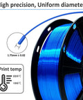 Silk Royal Blue PLA Filament 1Kg Spool 1.75mm For 3D Printing With High Detail Glossy Silk Finish Tolerance 0.03mm Ideal For Arts And Crafts Projects Today, showing close-up of filament with temperature guide and tolerance details.