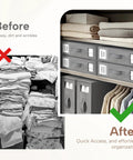 Before messy linens, after neat Six Pack Foldable Bed Sheet Organizer Boxes For Linen Closet Storage With Clear Window Label Slot.