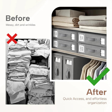 Before messy linens, after neat Six Pack Foldable Bed Sheet Organizer Boxes For Linen Closet Storage With Clear Window Label Slot.