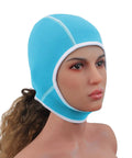 Model wearing light blue 2mm Neoprene Diving Hood For Men And Women With Chin Strap UV Protection for water sports