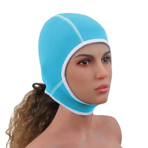 Model wearing light blue 2mm Neoprene Diving Hood For Men And Women With Chin Strap UV Protection for water sports