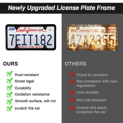 Stainless Steel License Plate Frames 2 Pack With 4 Hole Mount For US Vehicles Includes Screws Washers Caps Black Built Tough All Weather Car Exterior Accessory featuring comparison of rust-resistant and corroded frames.