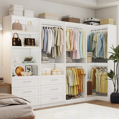 Dope Modular Closet Organization System With Six Drawers Adjustable Shelves And Nine Hanging Rods Super Clean L Shape Corner Storage Unit Top Tier White Wood Setup For Walk In Rooms That Gonna Fit Perfectly