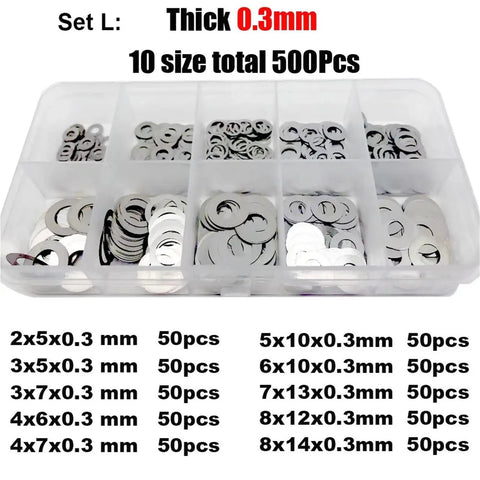 Ultra Thin Stainless Steel Flat Washer Set For M2 Through M8, 304 Grade Dope Assortment Of 500 750 And 1200 Pieces, Plain Gaskets And Adjusting Shims For Precise Spacing And Protection, 0.3mm 500pcs box
