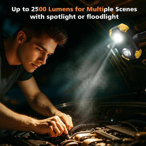 2 Pack 2500LM Magnetic Rechargeable Work Light with 360 Degree Rotating Stand and Foldable Design illuminating car repairs