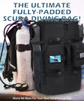 65L Scuba Diving Backpack for Travel With Large U Opening Gear Bag, black nylon with padded straps, next to dive tank and gauge