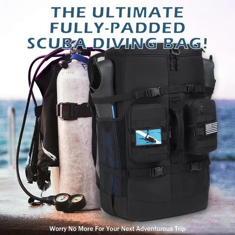 65L Scuba Diving Backpack for Travel With Large U Opening Gear Bag, black nylon with padded straps, next to dive tank and gauge